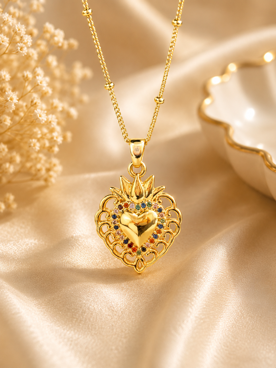 Cadena corazón fuego dorado