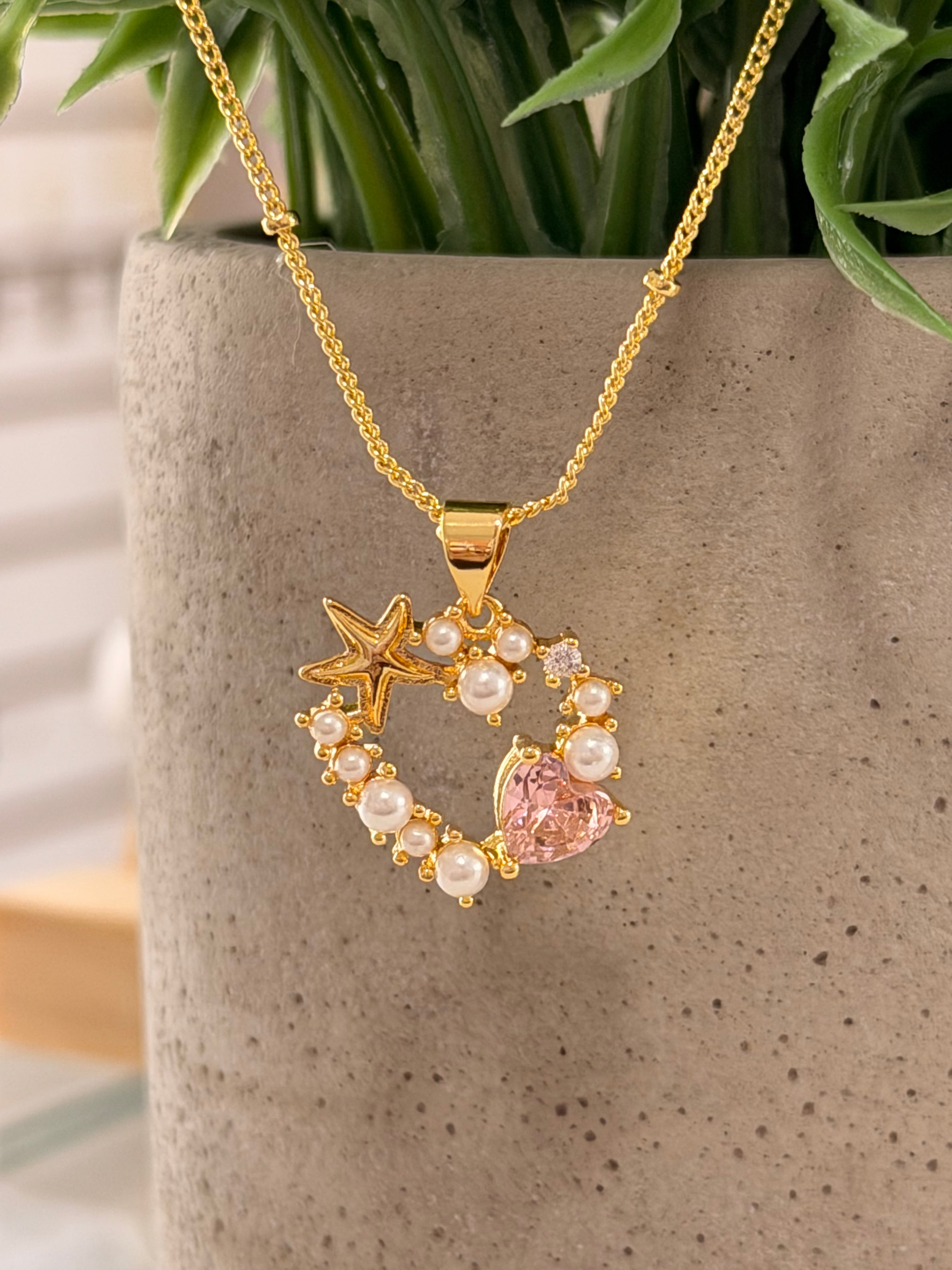 Cadena corazón rosado y estrella