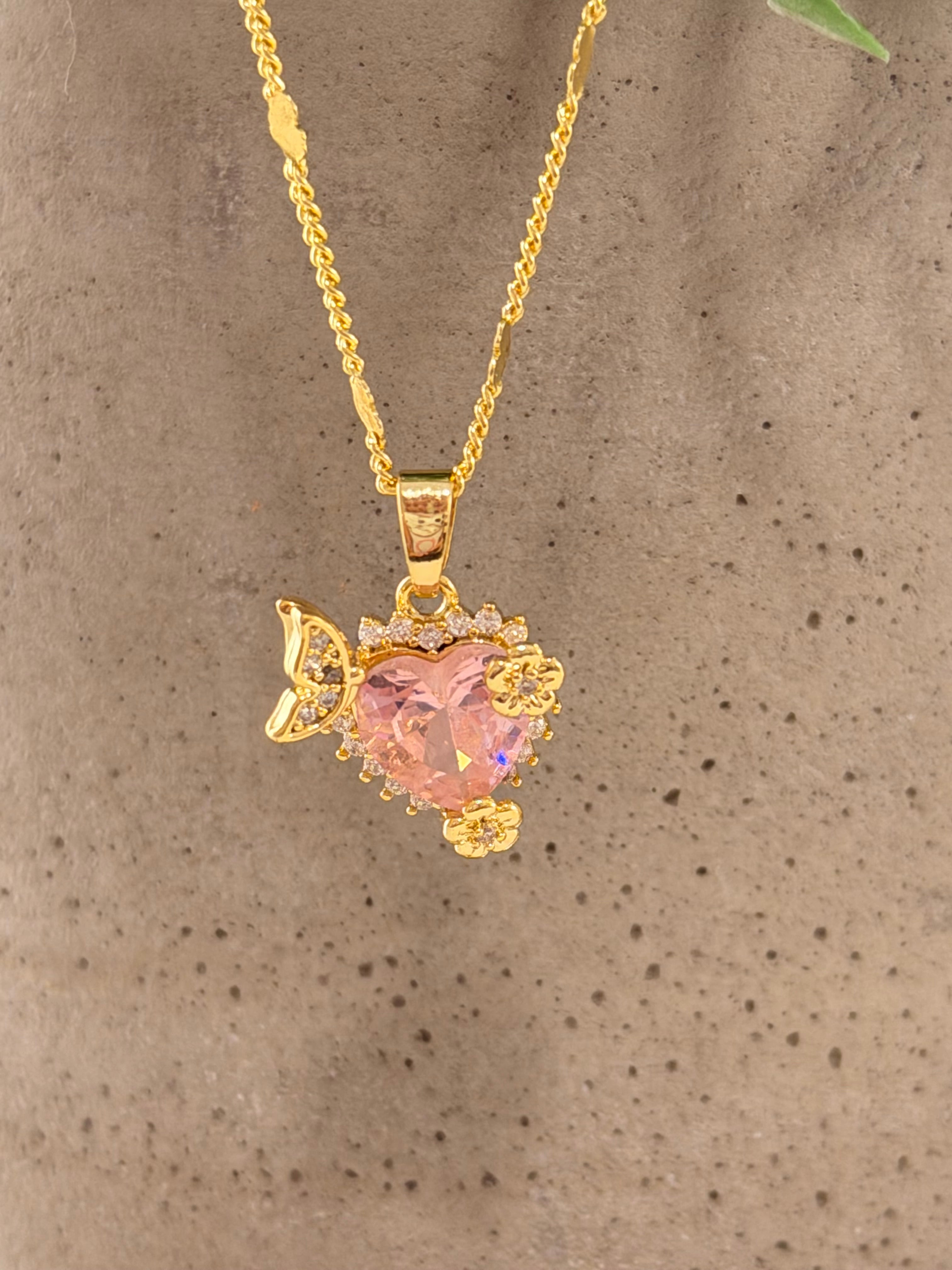 Cadena corazón rosado y flor